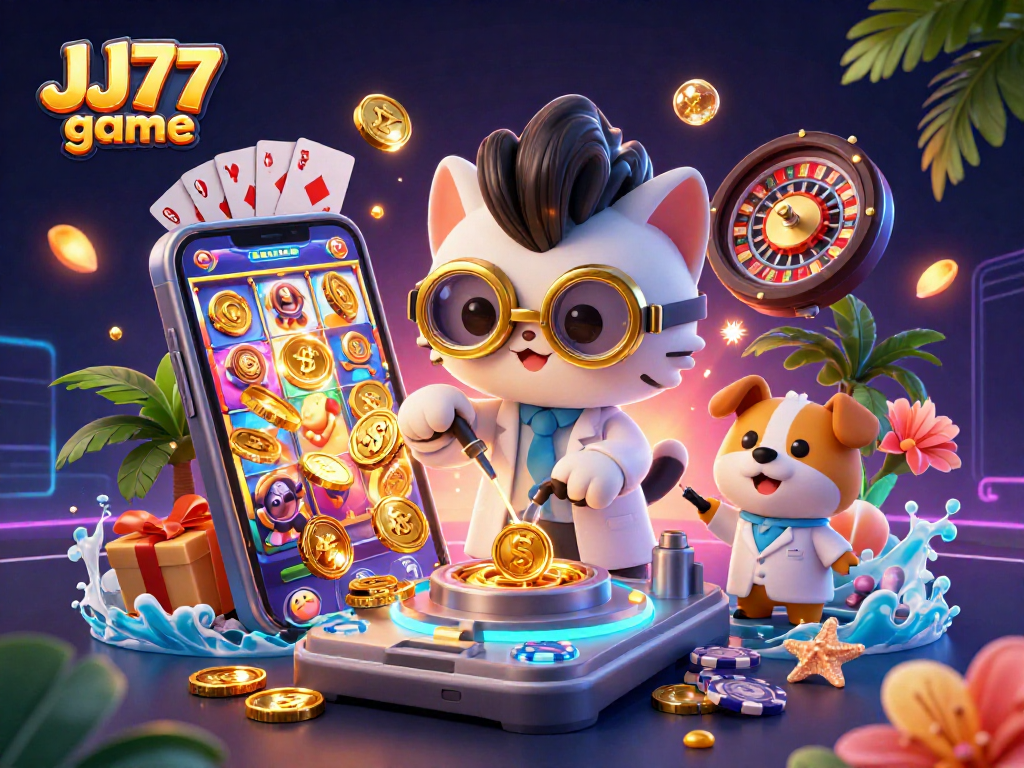 Engage with the thrilling JJ77 game in a vibrant, casino-themed 3D illustration featuring dynamic elements.