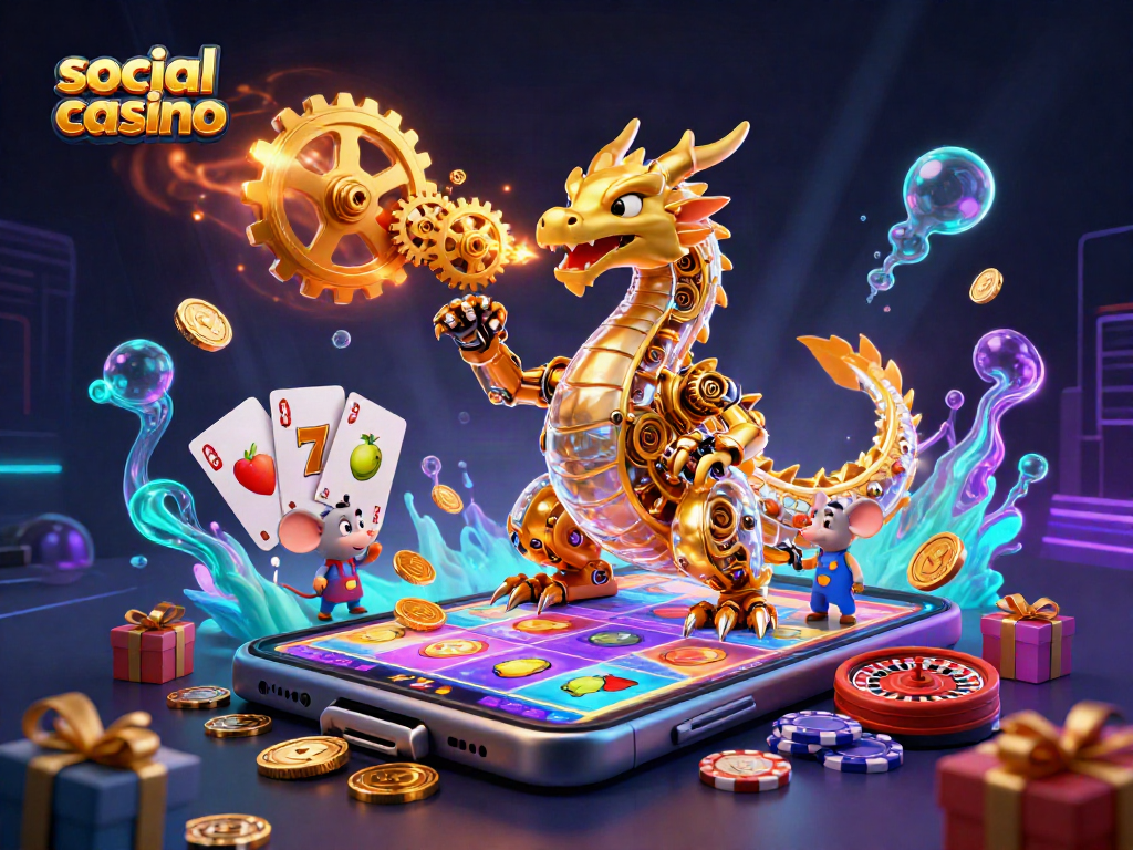 Experience the thrill of social casino gameplay with a dragon and mouse amidst vibrant slot machines.