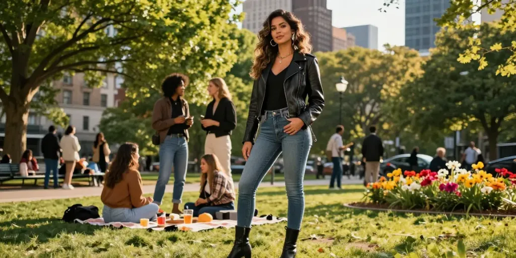 Stylish individual with invisible clip in hair extensions human hair enjoying a sunny day in the city park.