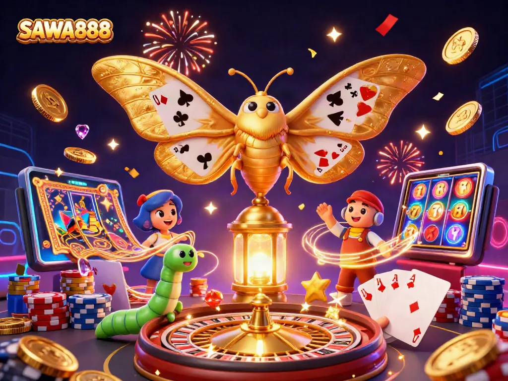 SAWA888 celebrates wins with vibrant casino elements in a rich digital illustration.