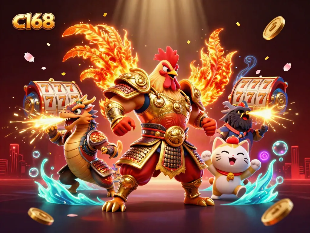Engage with c168's dynamic casino scene featuring samurai-themed characters and vibrant game elements.