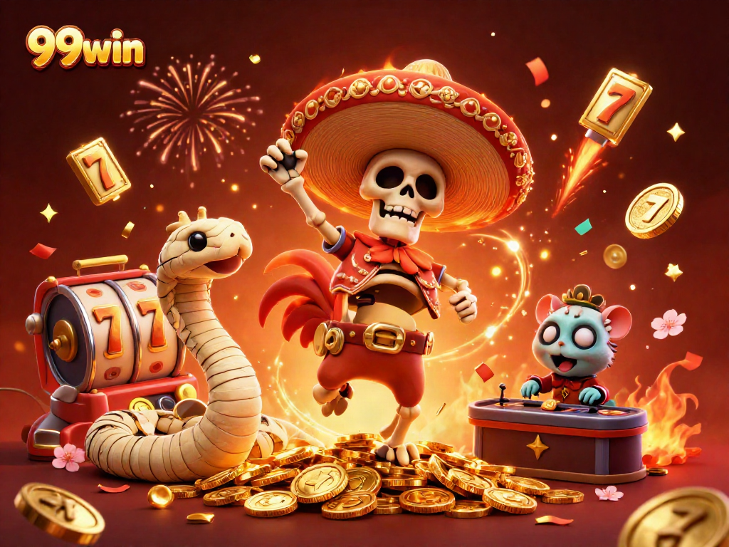 Entertain with 99win's vibrant gaming scene featuring unique characters and lively casino elements.