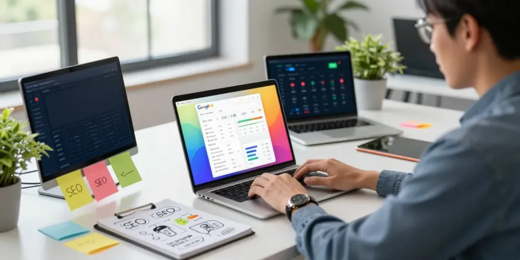 Engaging workspace scene showcasing rokok88 digital marketing strategy with analytics tools and brainstorming materials.