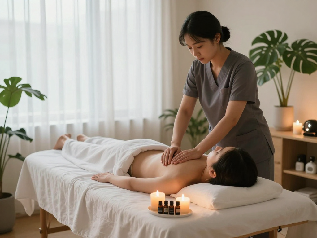 Relaxing 오산출장마사지 session at home with a professional therapist in a serene environment.