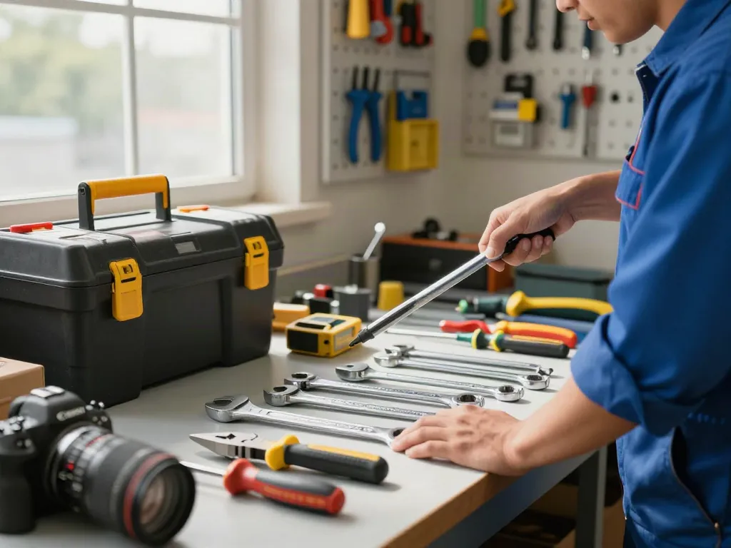 Professional tradesperson demonstrating gedore tools in a well-lit workshop, showcasing quality hand tools for precision work.