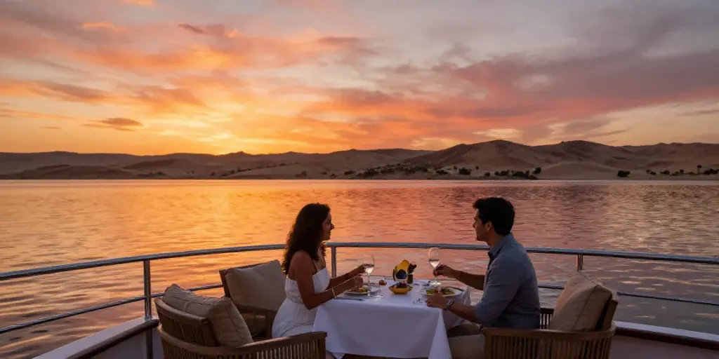 Luxury dinner setup on a Lake Nasser Cruise with sunset reflections.