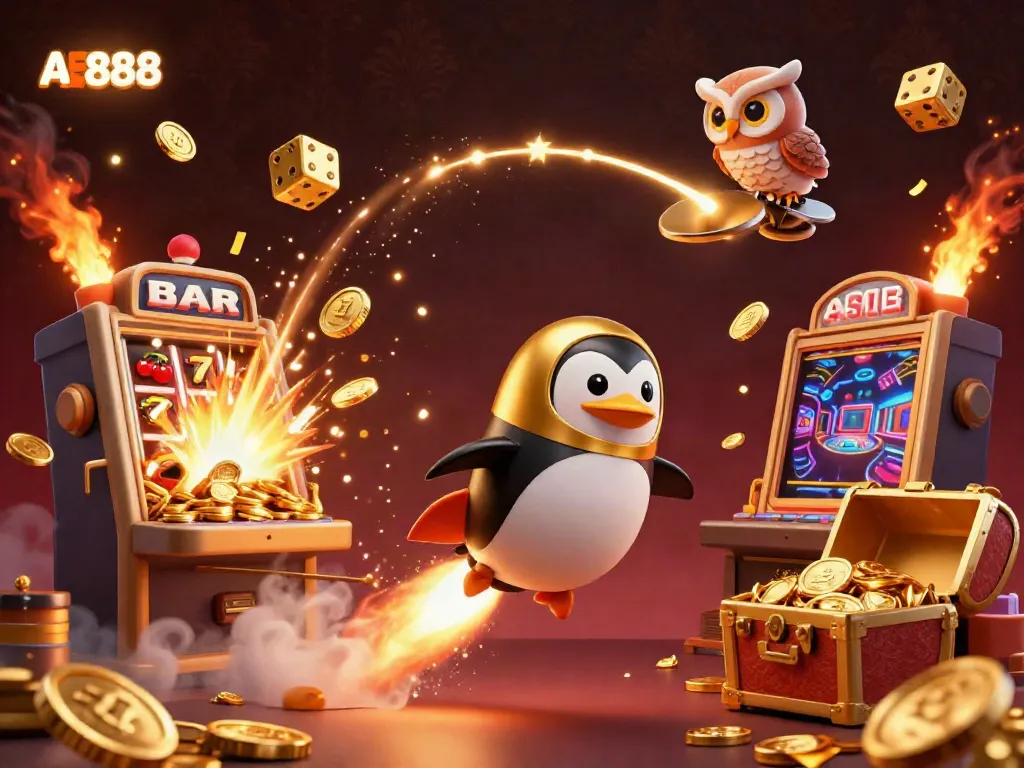 Engage in thrilling gaming adventures at AE888 with a 3D cartoon penguin, casino elements, and dazzling visuals.