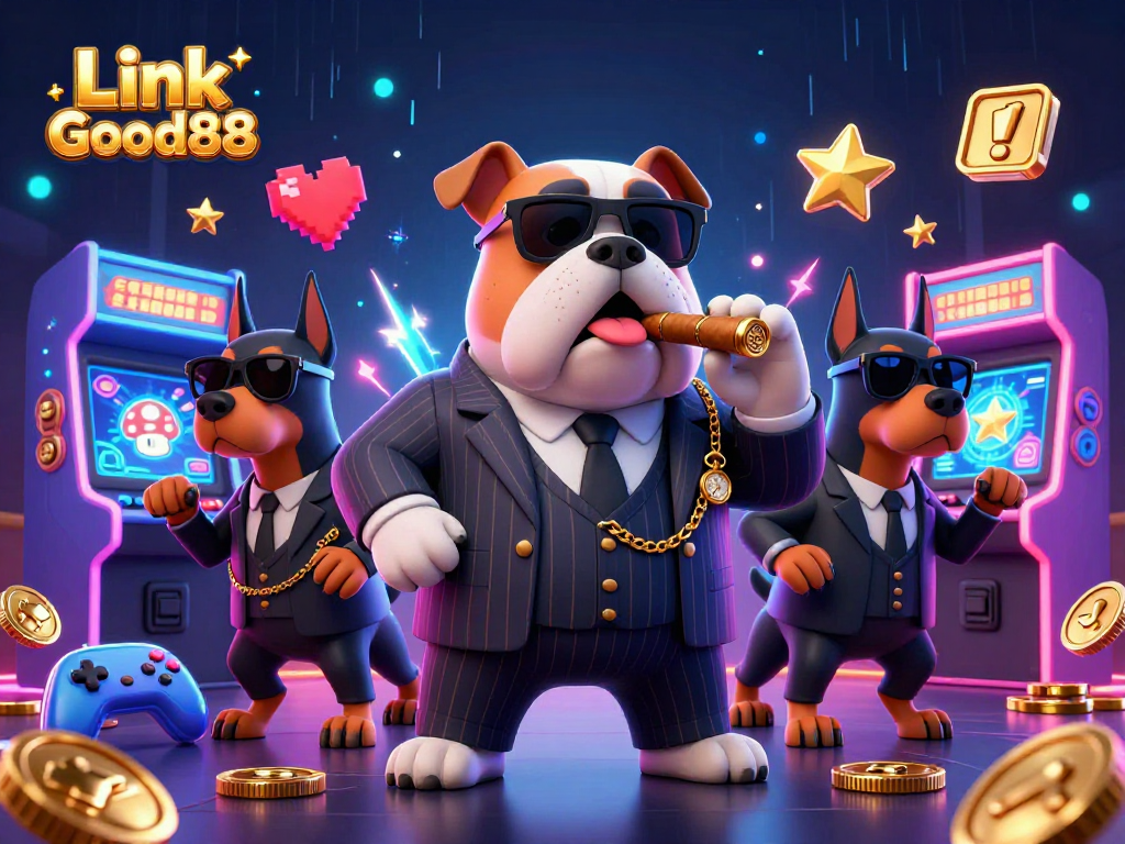 Engage with Link Good88 at a vibrant casino illustration featuring a mafia boss and bodyguard Dobermans in a gaming scene.