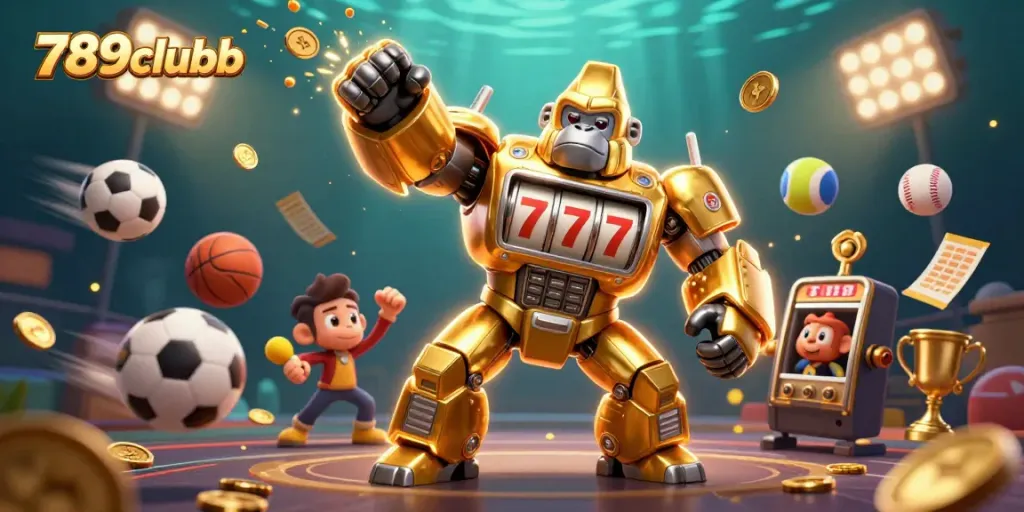 Kickstart your winnings at 789clubb with an explosive 3D cartoon casino illustration featuring dynamic sports and gaming elements.