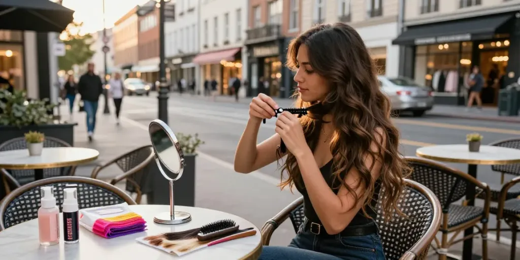 Transform your look with the best clip in hair extensions showcased in a trendy urban café.