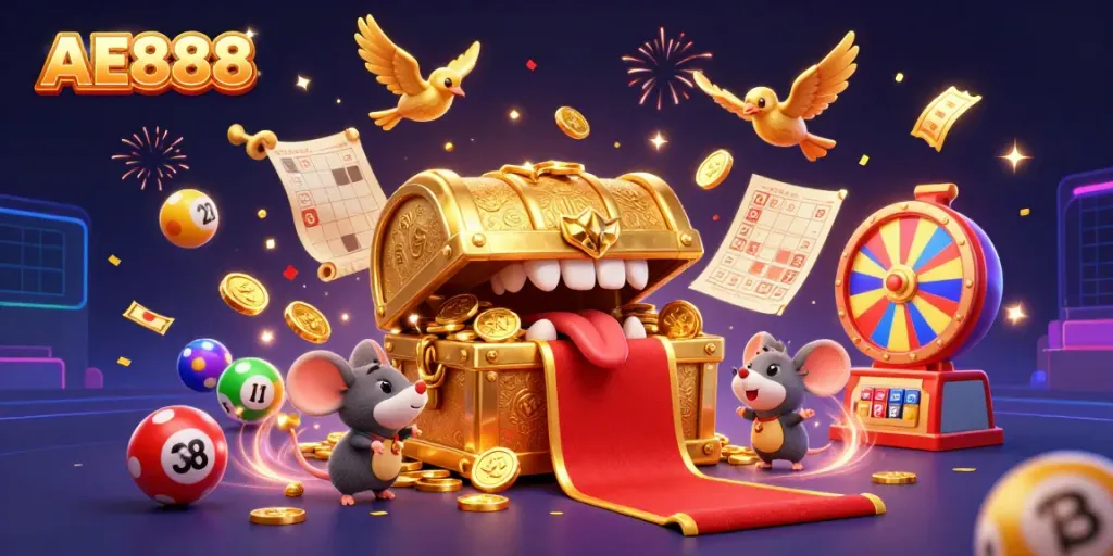 Experience the thrill of AE888 as cartoon characters celebrate with golden treasures and gaming elements.
