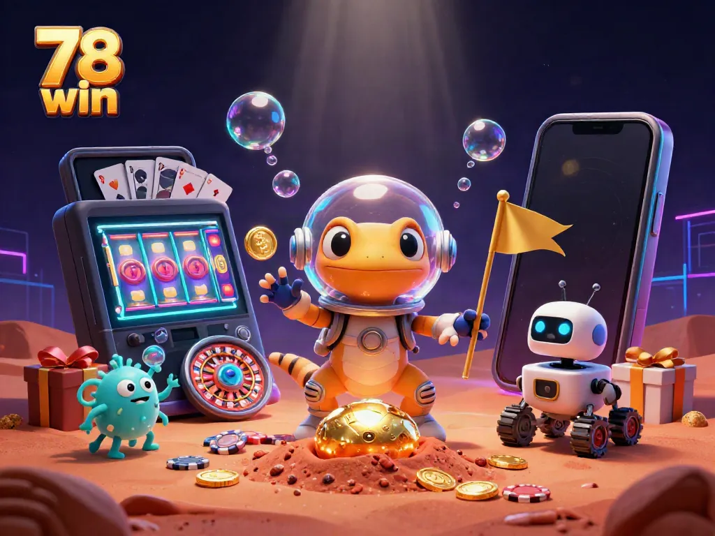 Experience 78 win's golden casino adventure with a Martian gecko discovering treasures.