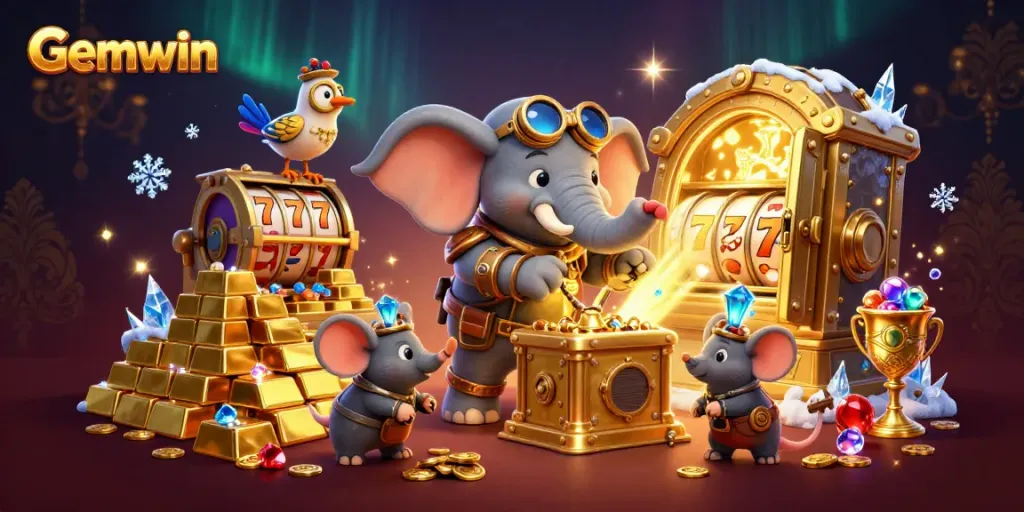 Gemwin showcases a steampunk elephant operating a vibrant slot machine amidst treasures and gems.