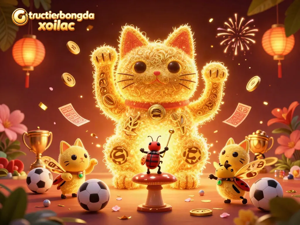 Engage with tructiepbongda xoilac as golden fireflies form a lucky cat and sports betting symbols.