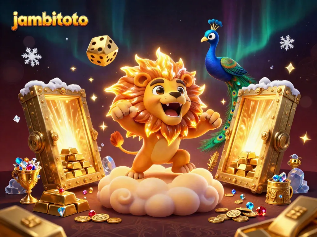 Experience thrilling wins with JambiToto's majestic lion and golden dice in this vibrant casino scene.
