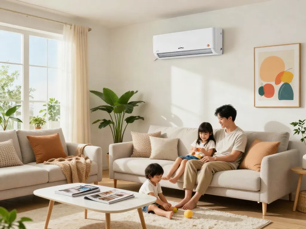 Home interior with mini split air conditioner cooling a family gathering in a cozy living room.