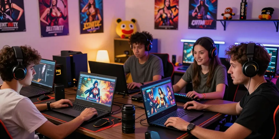 Group enjoying HTML hentai games in a cozy gaming room with colorful decor.