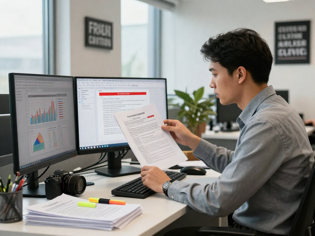 Compliance analyst engaged in document fraud detection analysis on multiple screens in a modern office setup.