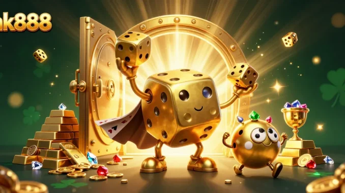Experience the thrill of nk888 with a golden dice golem and vibrant casino graphics.