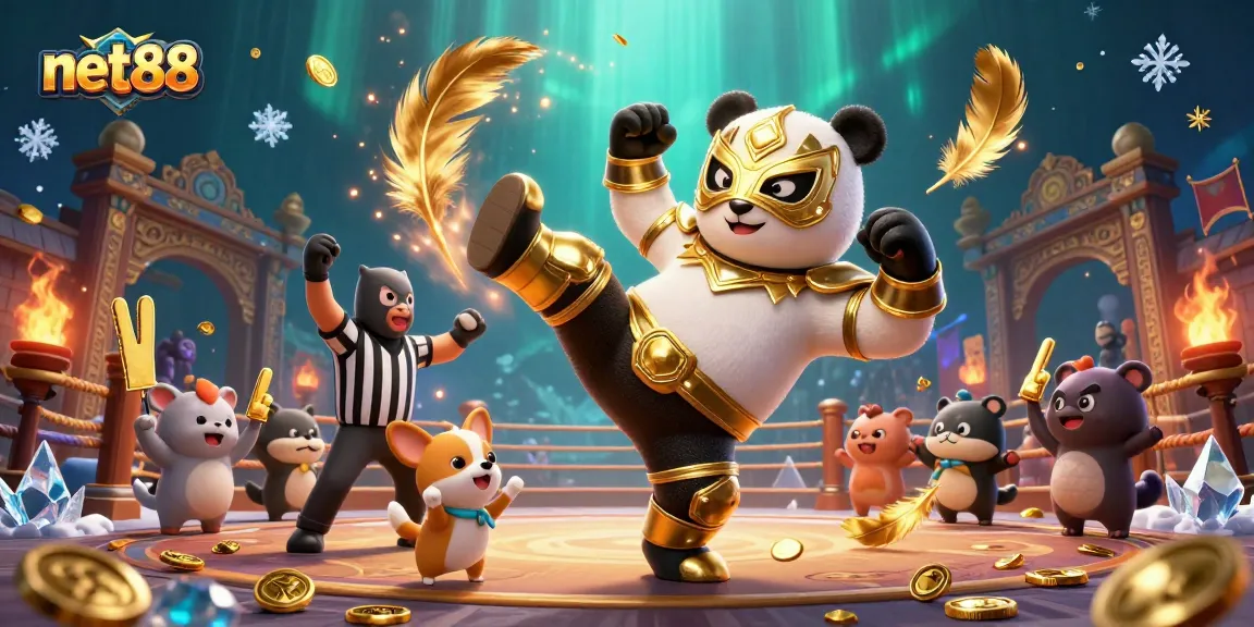 Engage with net88's exciting gaming scene featuring a wrestler panda in a vibrant, dynamic arena.