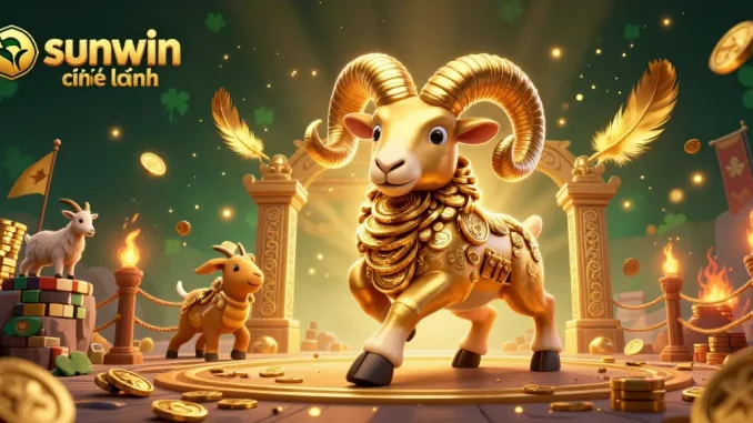 Experience thrilling action at sunwin chính hãng with a massive golden ram charging through a golden gate amid a dynamic gambling arena.