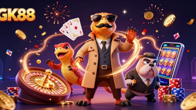 GK88 raptors amusingly attempting VIP access at a casino with playful glimmers and gaming elements.