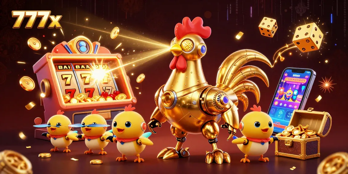 Engage with 777x's vibrant 3D casino scene featuring a golden rooster robot surrounded by jackpots.