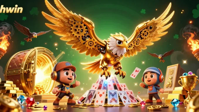 Experience thrilling gameplay with phwin featuring a cybernetic golden eagle surrounded by treasures and cards.