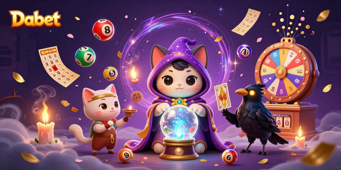 Dabet's enchanting gaming scene featuring a mystical cat, tarot raven, and vibrant lottery elements.