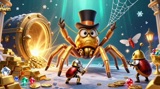 Join the sunwin adventure with a golden tarantula and beetle knight in a dazzling casino scene.
