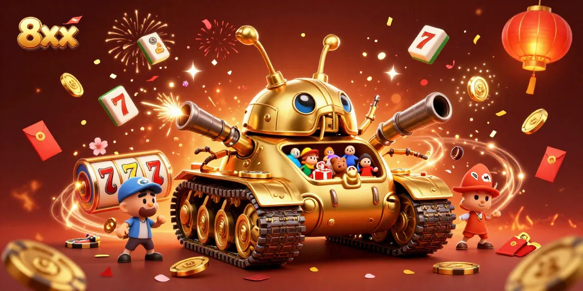 Experience the excitement of 8xx casino adventures with a massive golden beetle tank amidst vibrant game elements.