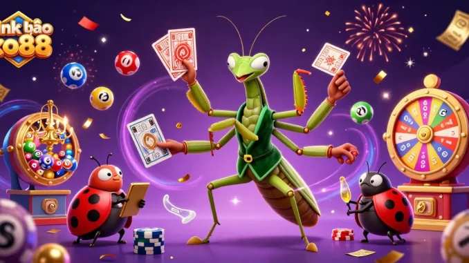 Link vào xo88 showcases a vibrant casino scene with colorful lottery balls and festive characters.