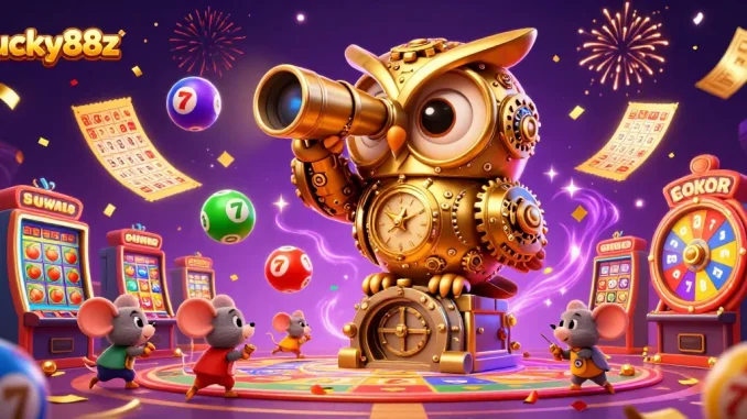 Engage players with lucky88z’s vibrant casino scene featuring a golden owl surveying thrilling game action.