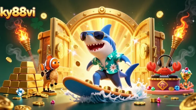 Experience sky88vi's thrilling casino adventure with vibrant 3D characters amidst gold treasures.