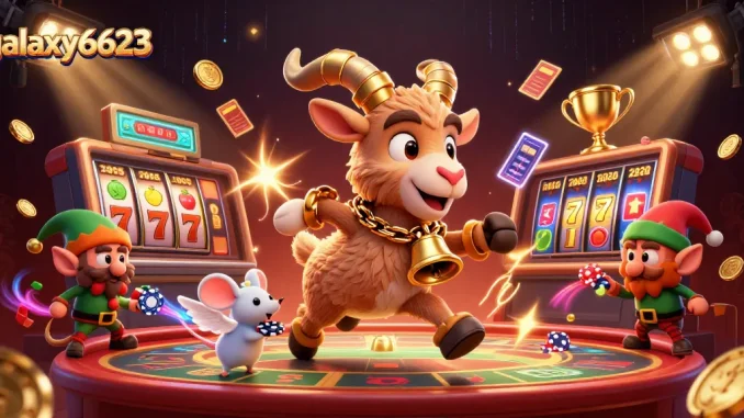 galaxy6623 offers an exciting gaming scene with Krampus and playful characters in a vibrant casino setting