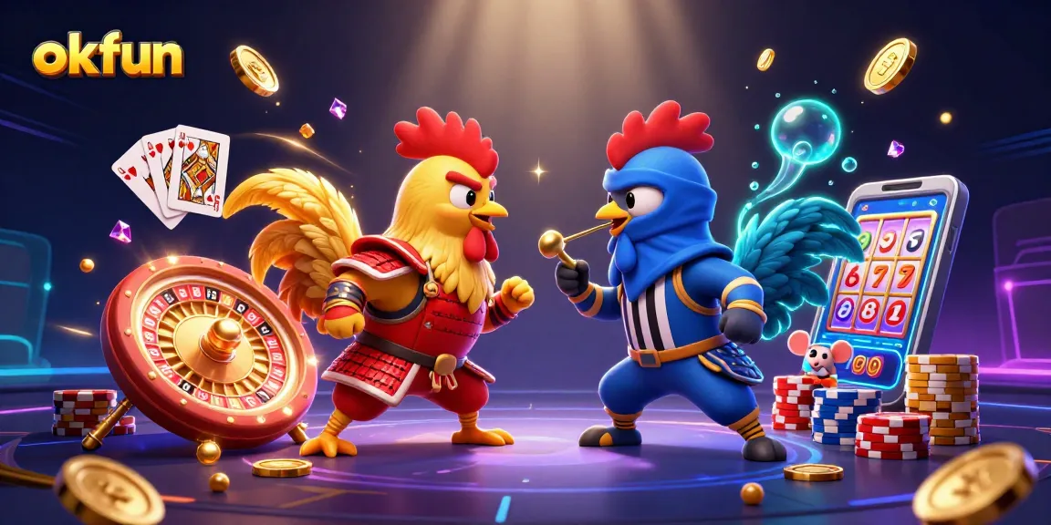 Engage in thrilling gaming experiences at okfun featuring vibrant fighting roosters and casino elements.