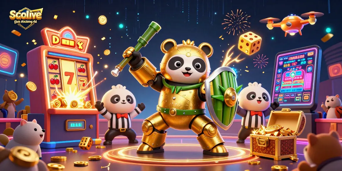 Engage in socolive trực tiếp bóng đá with vibrant 3D panda and robot battling amidst vivid casino elements.