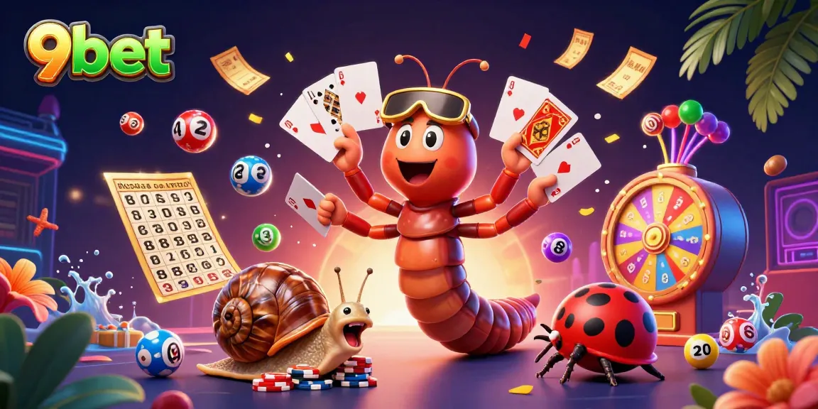 Experience the thrill of 9bet as a millipede dealer fans cards amidst colorful lottery elements.
