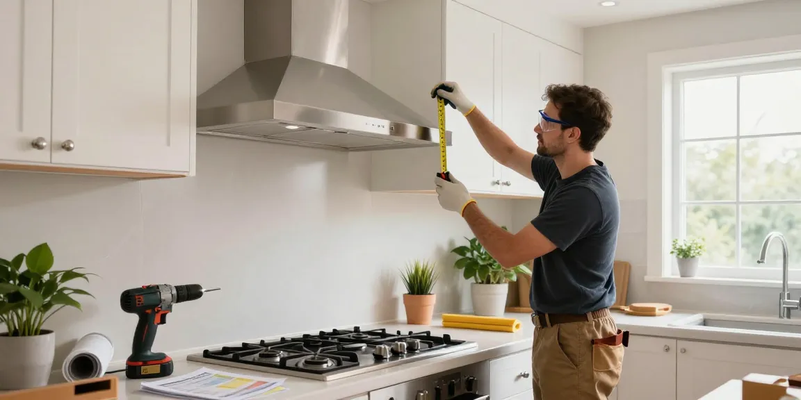 Skilled technician performing exhaust hood installation in a modern kitchen with tools and materials.