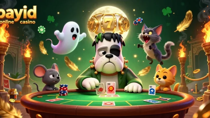 Experience the thrill of a payid online casino with characters playing at a mystical poker table amidst golden effects.