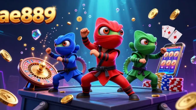 Experience thrilling action with ae889 as ninja chameleons perform martial arts among sparkling casino elements.