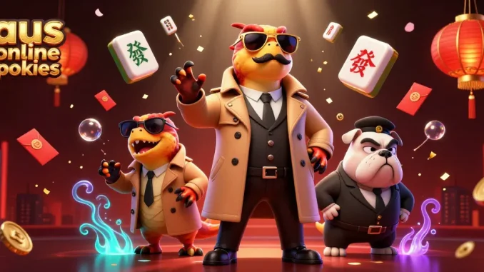 Engage with the vibrant world of aus online pokies illustrated by cartoon raptors entering a casino.