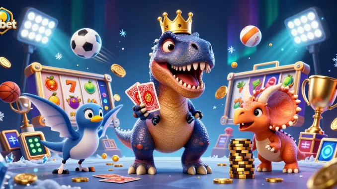 Experience the excitement of Fabet with friendly dinosaurs playing cards and stacking chips in a vibrant casino scene.
